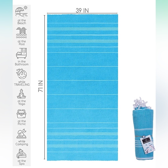 39x71 Turkish Beach Towel, Prewashed, 100% Cotton, Soft, Absorbent, Quick Dry - Picture 4 of 8